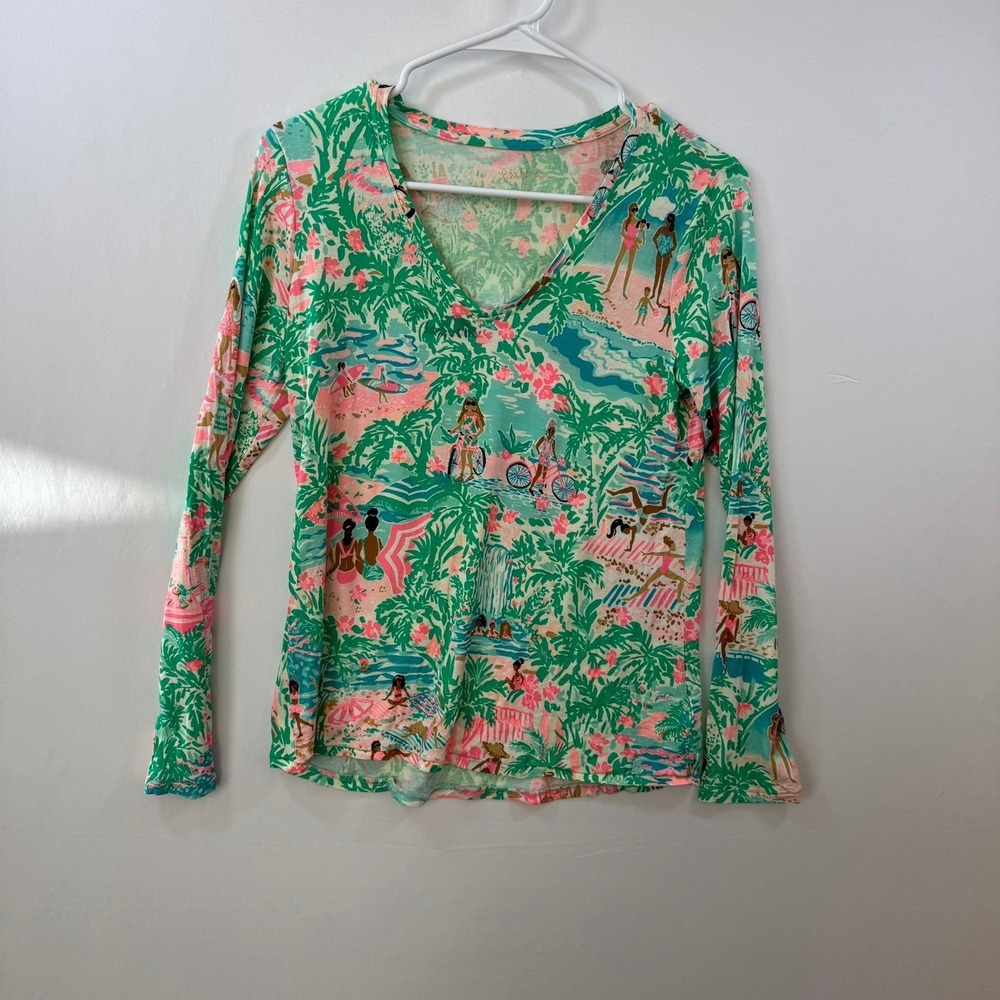 Lilly Pulitzer Etta V-Neck Top XS Kaduwela Beach Scene Long Sleeve Pink Green - Picture 3 of 9